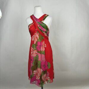 Tibi Orange Pink Chiffon Dress 6 Sleeveless Silk Floral Hibiscus Tropical Tiki